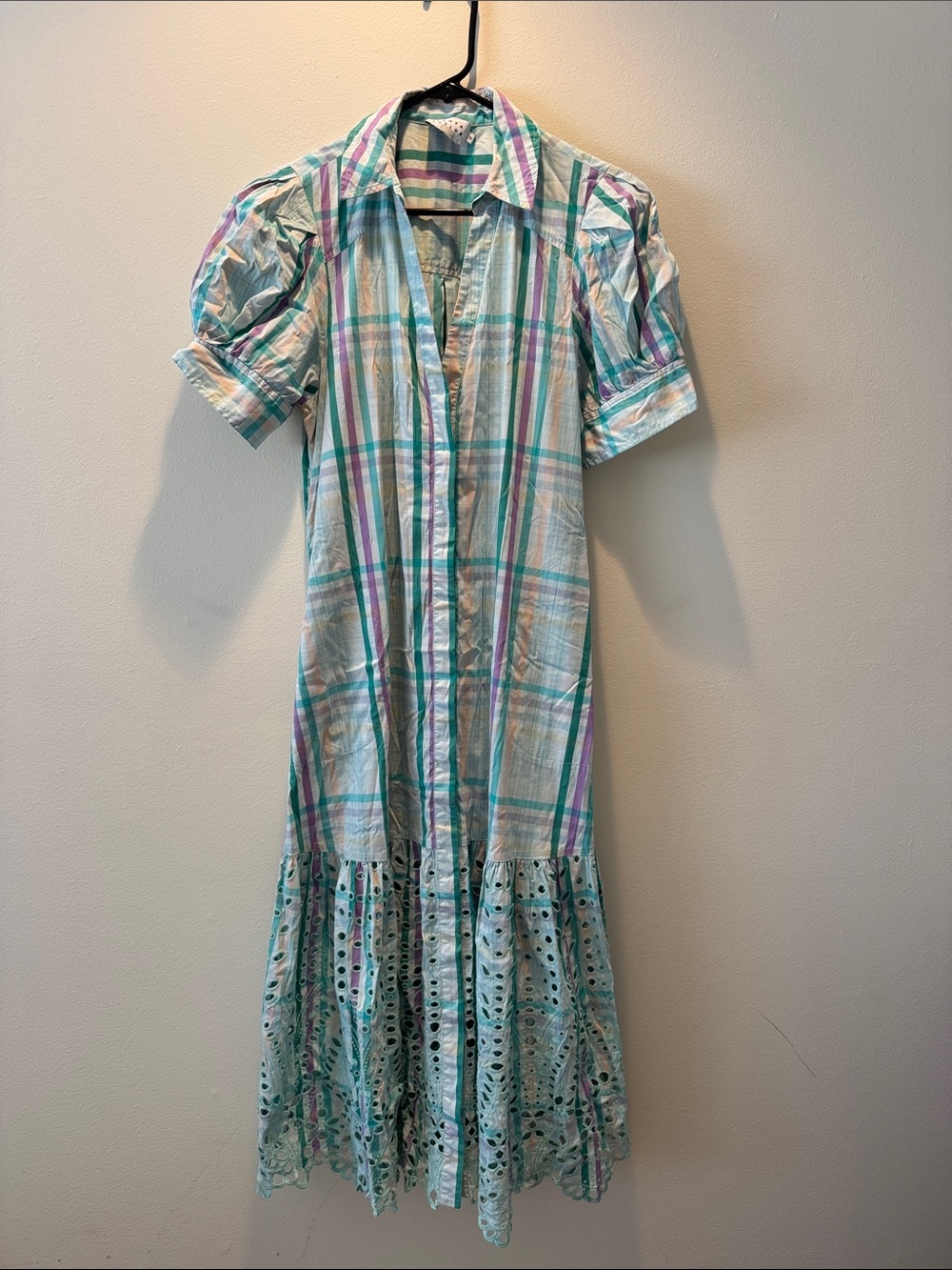 Tanya Taylor Pastel Plaid Shirt Midi Dress in Aqua, Lavender & Teal